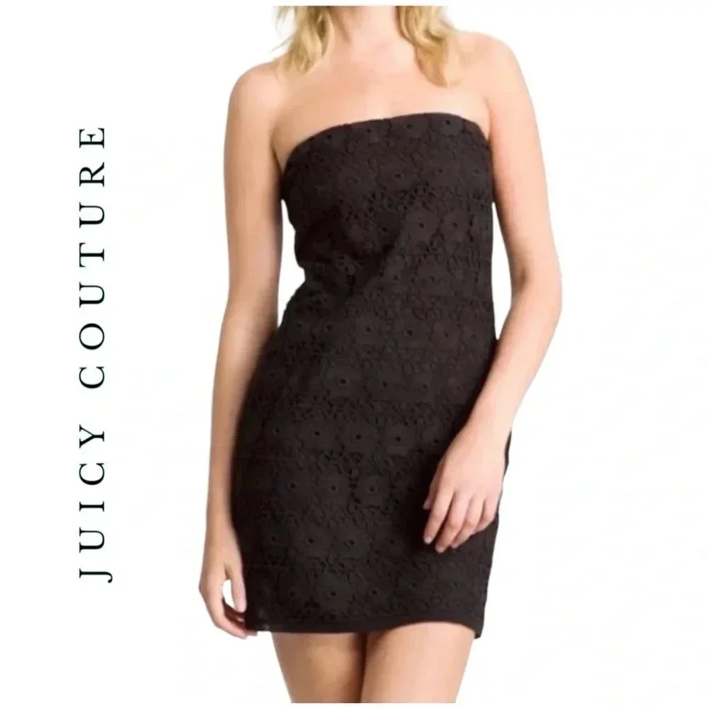 1879. JUICY COUTURE STRAPLESS DRESS SIZE 0 CROCHETED LACE‎ BLACK MINI LENGTH